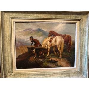 Oil On Panel "call In The Mountain" XX Th.