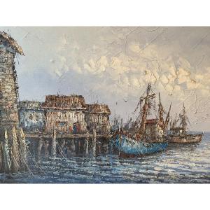 Oil On Canvas.marine. Boats In Port. XX Th.