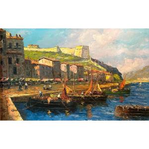 Port In Italy. Oil On Panel. XX Th.