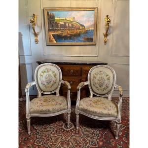 Pair Of Louis XVI Style Medallion Armchairs. Handmade, Needlepoint Tapestries.
