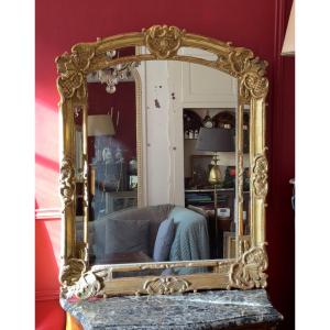 Regency Style Mirror, With Closed Glasses, In Golden Wood.