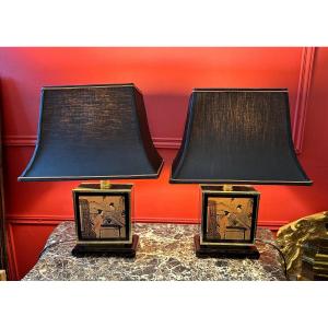 Pair Of Chinese Lamps In Brass And Lacquer.