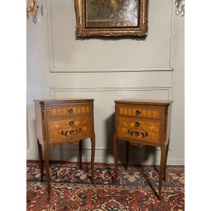 Pair Of Transition Style Marquetry Bedside Tables. 