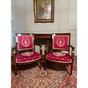 Pair Of Empire Style Armchairs, Return From Egypt, In Mahogany. 