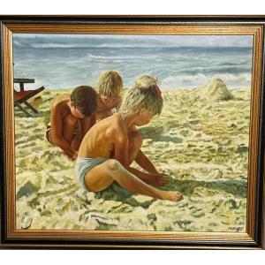 Oil On Canvas “children At The Beach”.