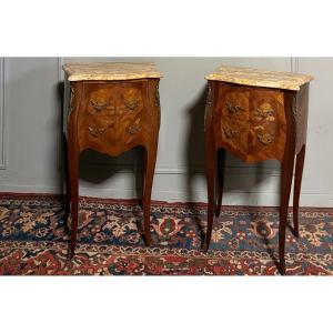 Pair Of Louis XV Style Marquetry Bedside Tables. 