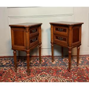 Pair Of Louis XVI Style Bedside Tables In Natural Wood. 