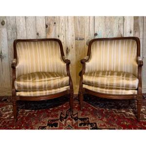 Pair Of Louis XVI Period Gondola Armchairs In Natural Wood. 