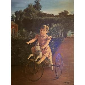 Lucien Mandosse (1933 - 2004). Little Girl On Her Tricycle. Oil On Canvas. 
