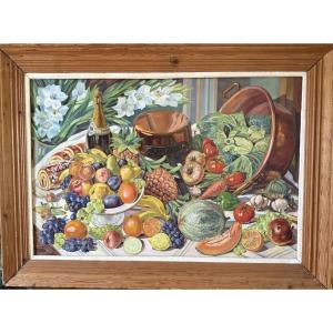 Large Still Life With Flowers, Fruits And Vegetables. 