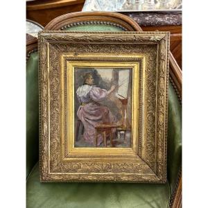 The Painter In Her Studio - Oil On Panel