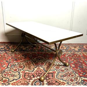 Coffee Table With White Marble Top And Neo-classical Style Brass Base.