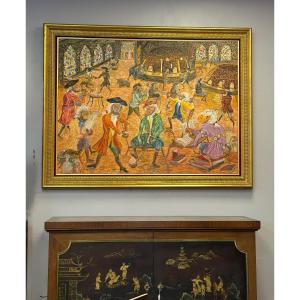 Large Painting Of Monkeys – Glass Workshop Signed Barois, 1996