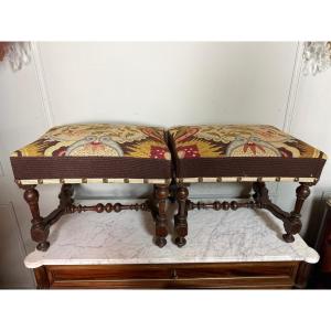 Pair Of Louis XIII Style Tapestry Stools. 