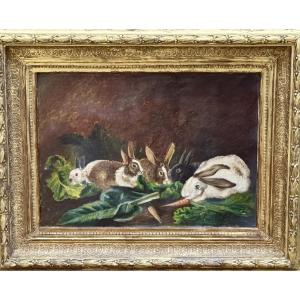 Oil On Canvas "the Rabbits" From The 19th Century. 
