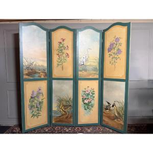 Large Screen From "sineux Frères" Featuring Birds And Flowers. 