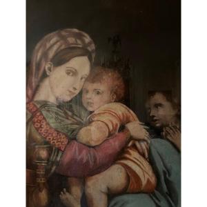 "the Virgin At The Chair" Pastel XIX Th After Raphael.