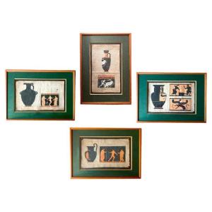 Set Of Four Study Drawings Of Archaeological Piece Greek Vases - 18th Century Italy