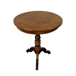 Pedestal Table - Tripod Pedestal Table In Marquetry And Mixed Wood, Italy, 19th Century