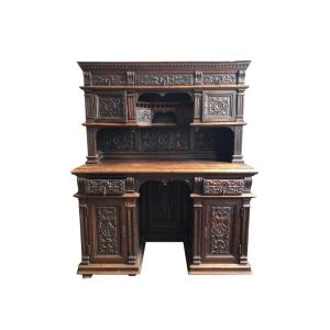 Henri II Cabinet Or Secretary In Carved Oak In Renaissance Style - 19th Century - France 