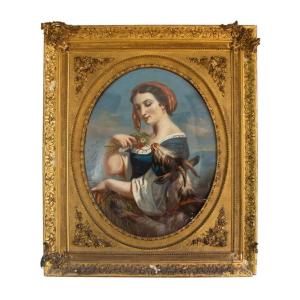 Framed Drawing After Hugues Merle “peasant Woman With A Goat” Pastel - 19th Century