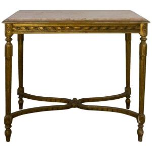 Living Room Table - Console - Middle Table - Louis XVI - In Golden Wood And Marble - France 19th