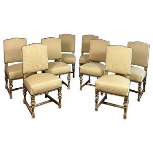 Set Of Eight Upholstered Chairs In Louis XIV Style Gilded Wood - 19th