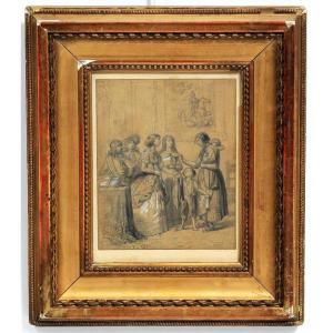 Framed Sketch, Drawing 'alms' French School 19th