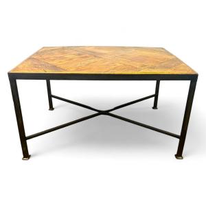 Versailles Parquet Coffee Table Late 17th Early 18th Century In Oak And Black Wrought Iron – France