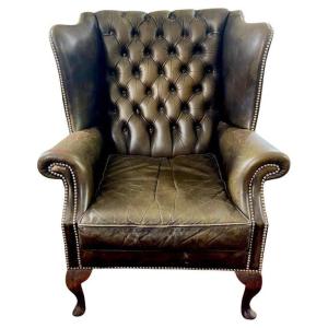 Chesterfield Leather Wingback Chair Green Brown – England