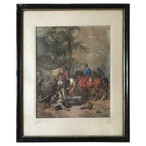 Watercolor By G. Verdey "life Of The French Cavalry, Summer 1914" 20th Century