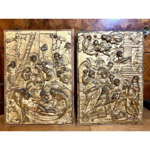 Pair Of 18th Century Baroque Panels, Gilded Stucco Moldings Fixed To Wooden Panels