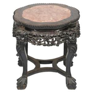 Side Table, Console Table, Pedestal Table - Carved Wood And Marble - Carved Fo Dog - China - 19th Century