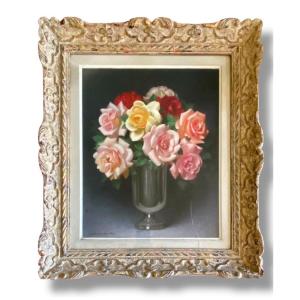 Still Life Bouquet Of Roses - Pastel By Gaston Albert Lavrillier - Circa 1930