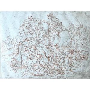 Battle Scene In Red Chalk — Philibert-benoît De La Rue, 18th Century