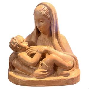 Terracotta Virgin And Child, Signed M. Normand, Circa 1890-1910