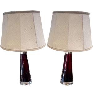 Pair Of 1960s Swedish Orrefors Bright Red Glass Table Lamps