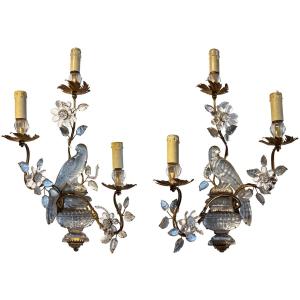 Large Pair Of Maison Baguès Wall Sconces With Parrot, Urns And 3 Torches