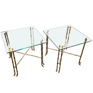 Pair Of French Brass And Bamboo-effect Glass Side Tables From The 1970s