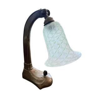 Small 1930s English Bakelite Desk Lamp With Decorative Glass Shade