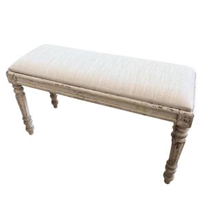  French Upholstered Bench, Cream Linen, Circa 1900