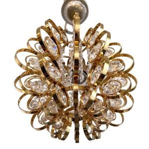 Simple Brass And Crystal Pendant Light Attributed To Palwa