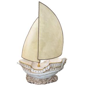 Large 1970s Italian Galion Table Lamp With Parchment Voile Shade