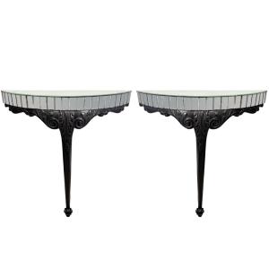 Pair Of Ebonised Carved Wood And Mirror Consoles