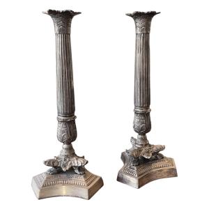 Pair Of Worn Silver Metal Candle Holders (3 Pairs Available)