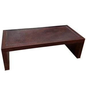 Large 1970s French Coffee Table In Imitation Crocodile Pressed Leather