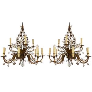 Pair Of Large Maison Baguès Chandeliers In Gilt Metal And Crystal With Twelve Arms