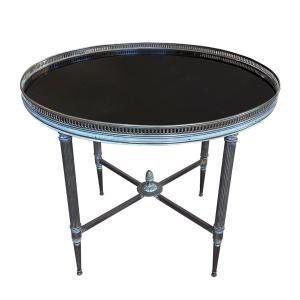 Round Side Table In Brass And Black Glass, Maison Jansen Style, 1960s, France