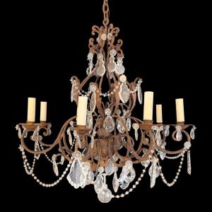 1920sdecorative French Chandelier In Metal And Glass With Eight Arms