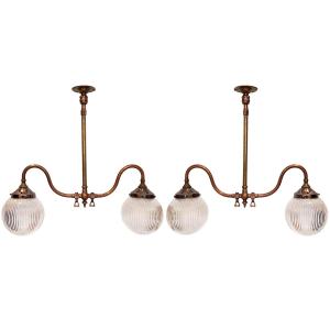 Pair Of British Pendant Lights From The 1930s With Ribbed Holophane Shades